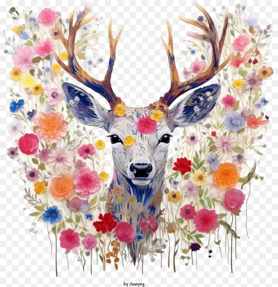 Cerf，Cerf Avec Des Fleurs PNG