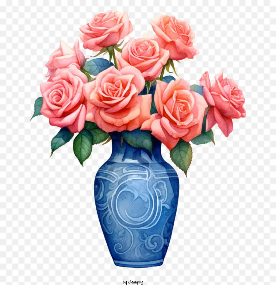 Vase Bleu，Bouquet De Roses PNG