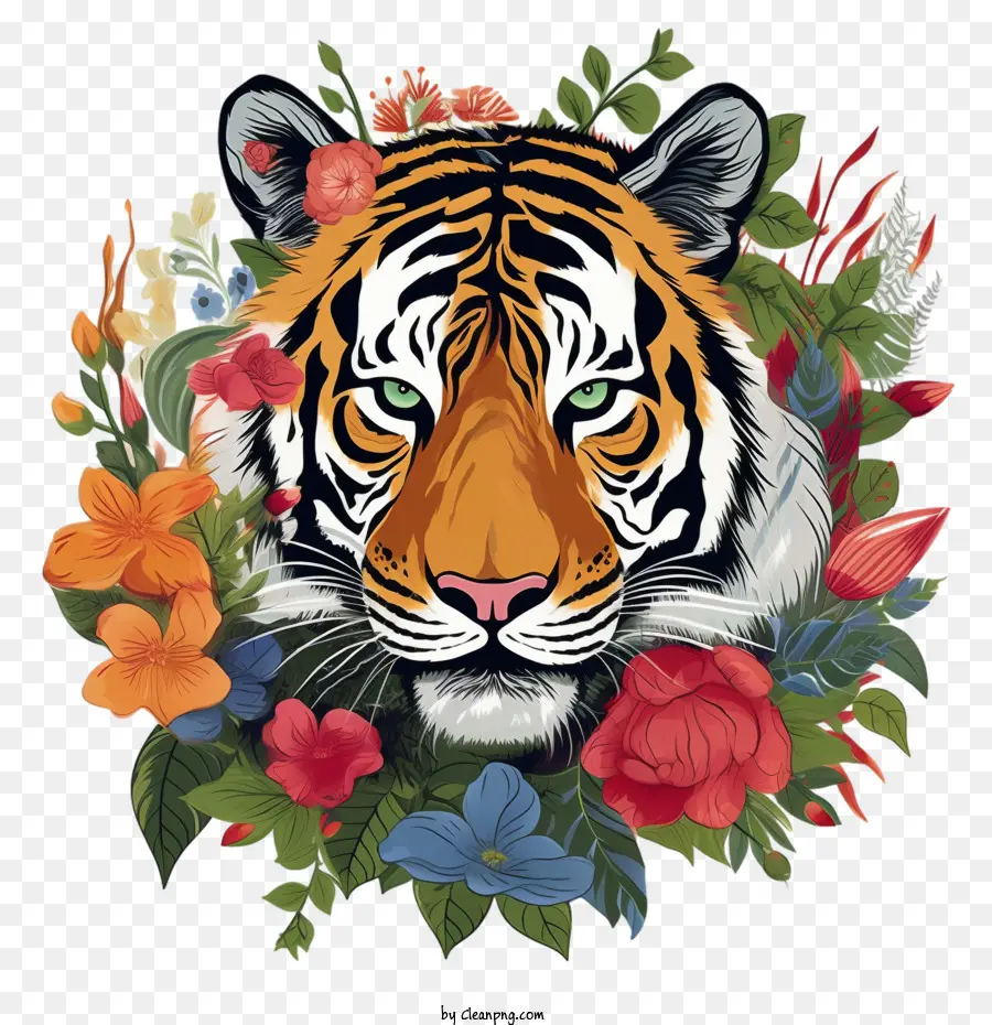 Tigre，Tigre Avec Des Fleurs PNG