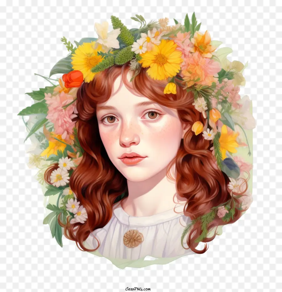 Fille Portrait，Couronne De Fleurs PNG