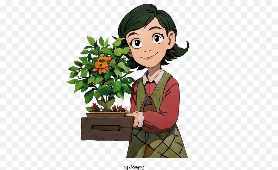 Dessin Animé，Fille Avec Plante PNG