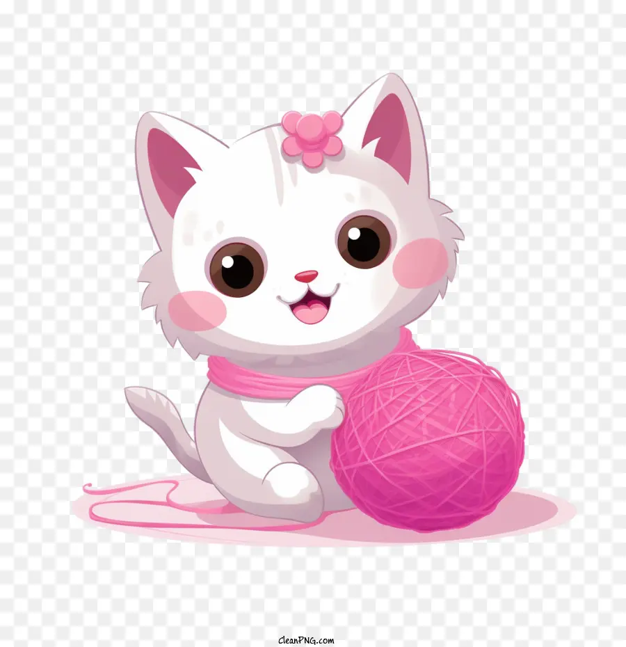 Chat Jouant à La Balle De Laine，Chat Blanc Avec Du Fil Rose PNG