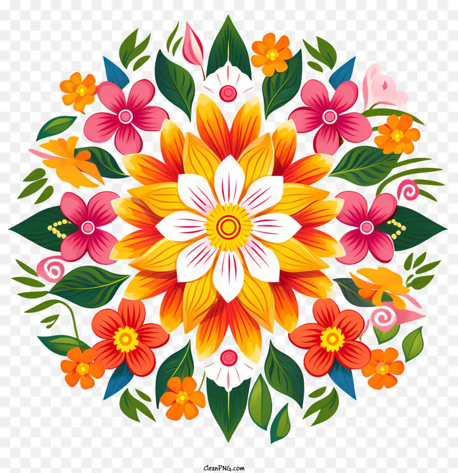 Rangoli Floral Onam，Bouquet De Fleurs Colorées PNG