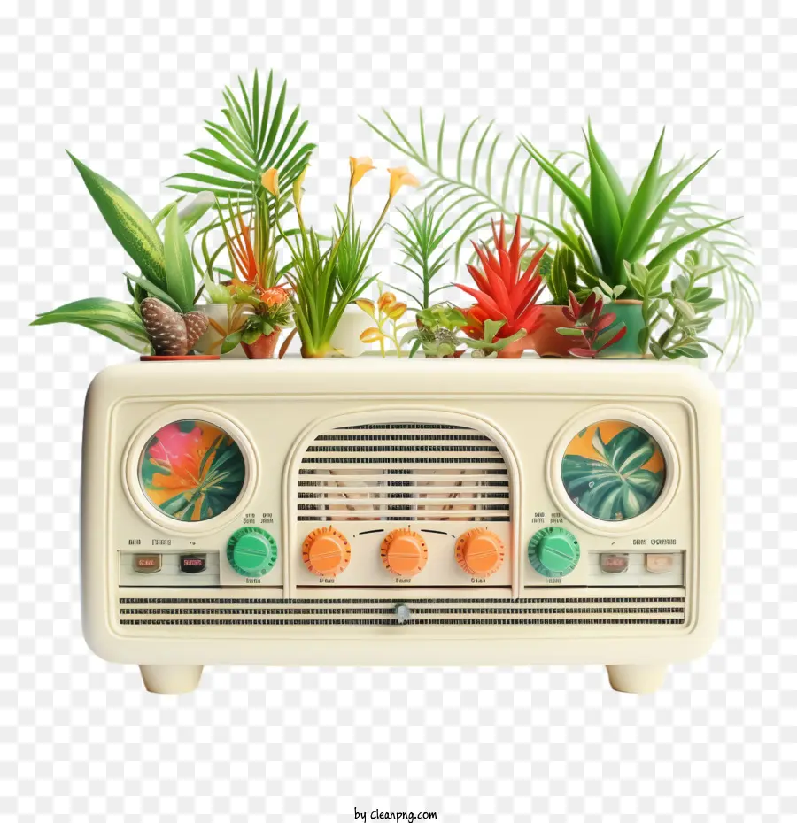 Journée Nationale De La Radio，Radio Vintage Avec Plantes PNG