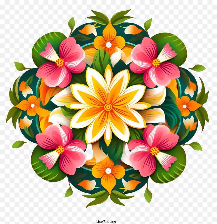 Rangoli Floral Onam，Bouquet De Fleurs Colorées PNG