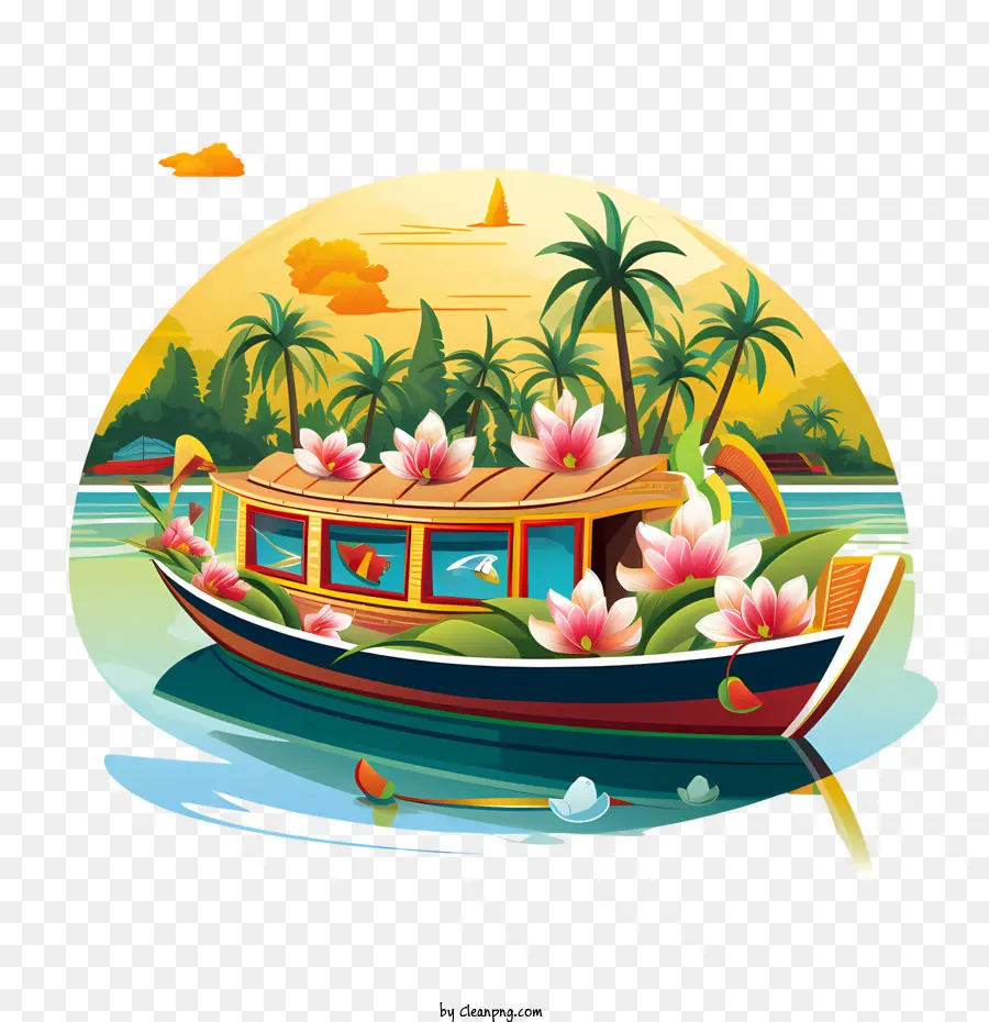 Bateau Onam，Bateau Coloré Avec Des Fleurs PNG