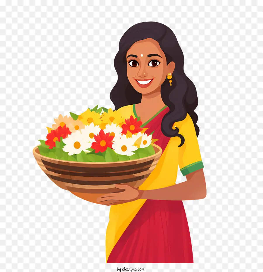 Onam，Femme Avec Des Fleurs PNG