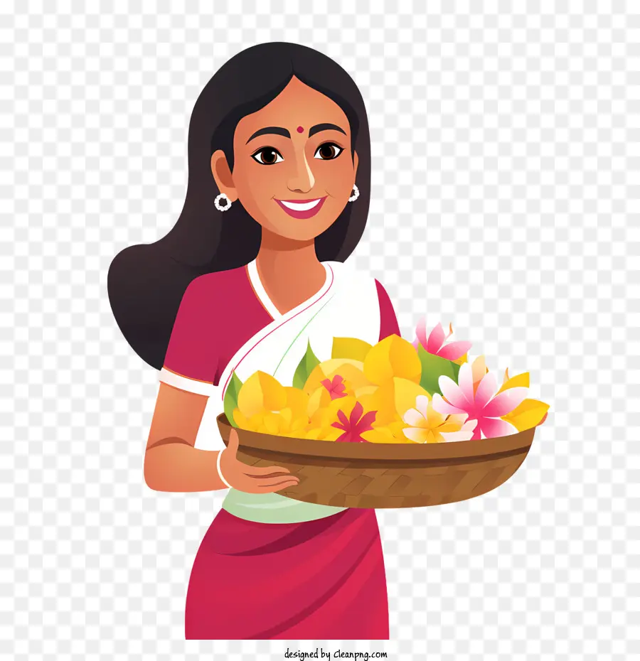 Onam，Femme Avec Des Fleurs PNG