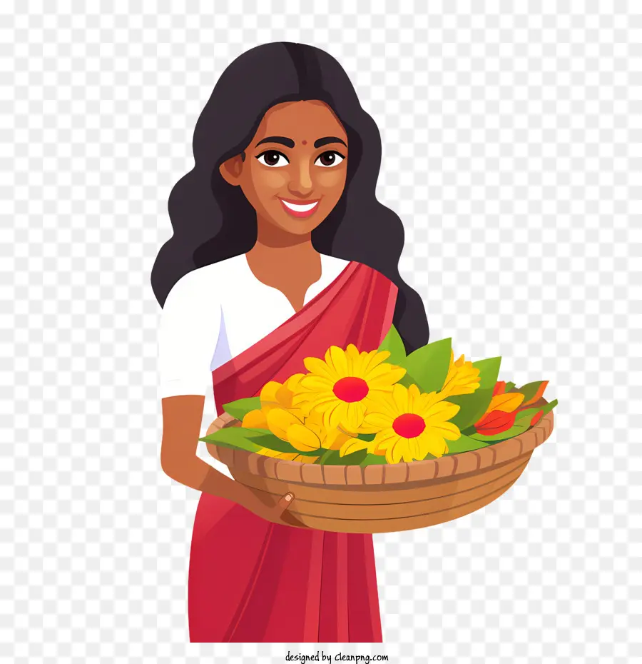 Onam，Femme Avec Des Fleurs PNG