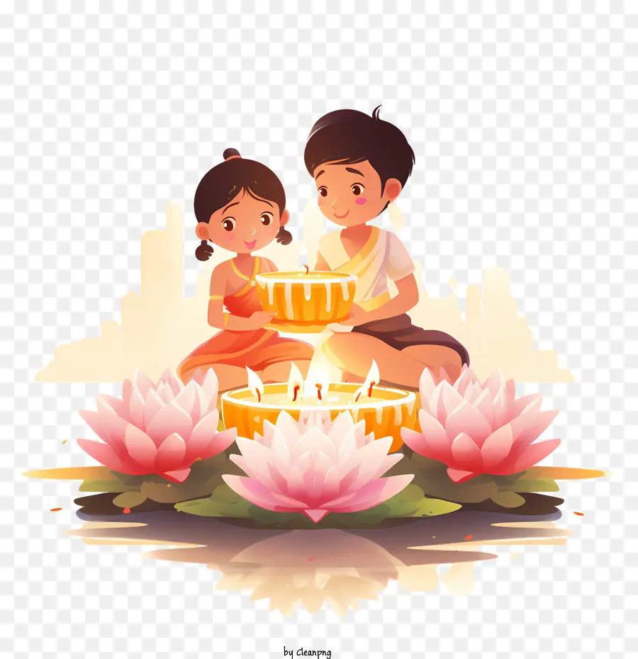 Loi Krathong，Enfants Avec Des Bougies PNG