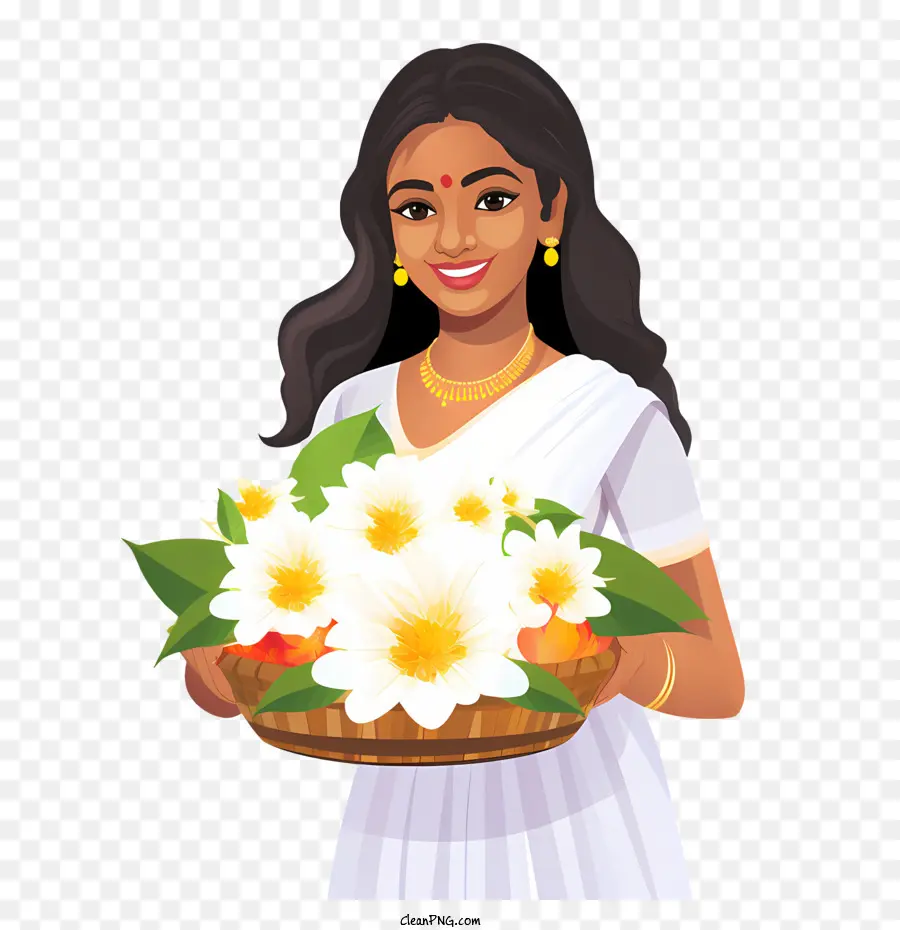 Onam，Femme Avec Des Fleurs PNG