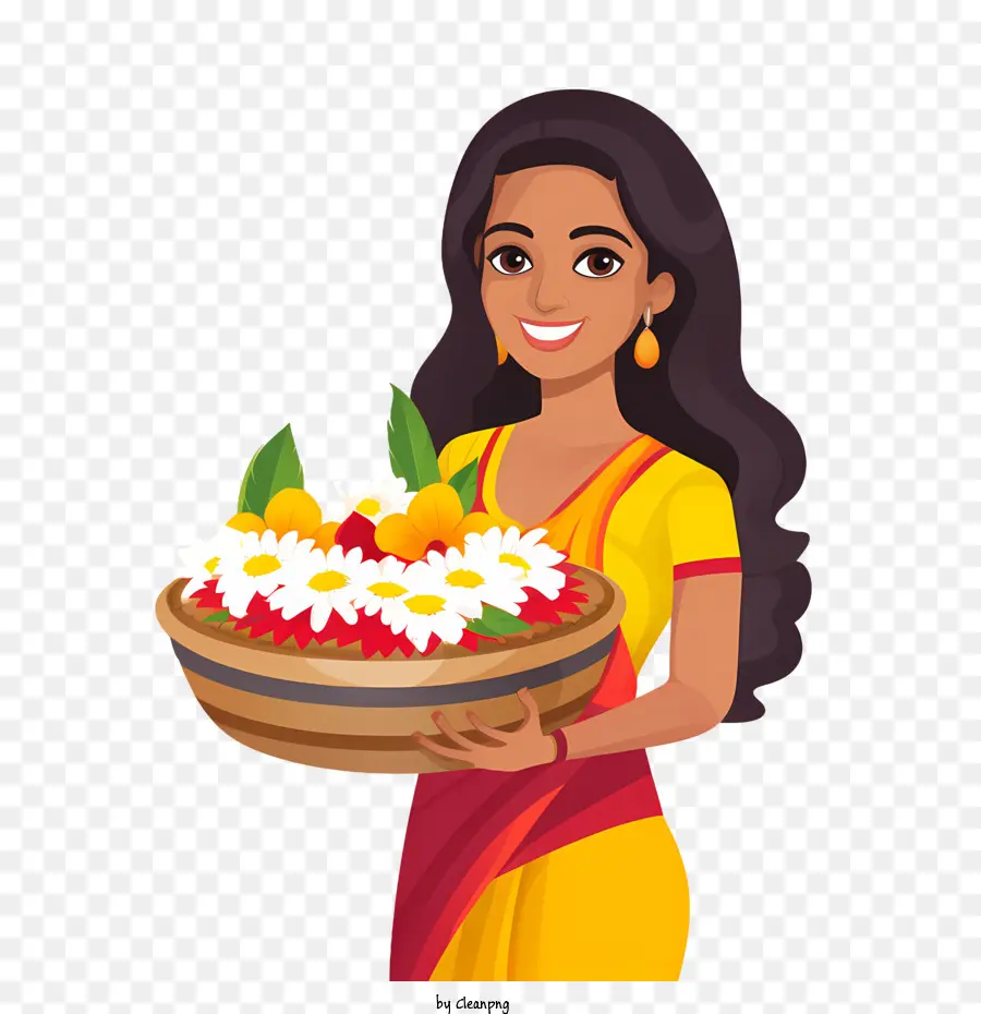 Onam，Femme Avec Des Fleurs PNG