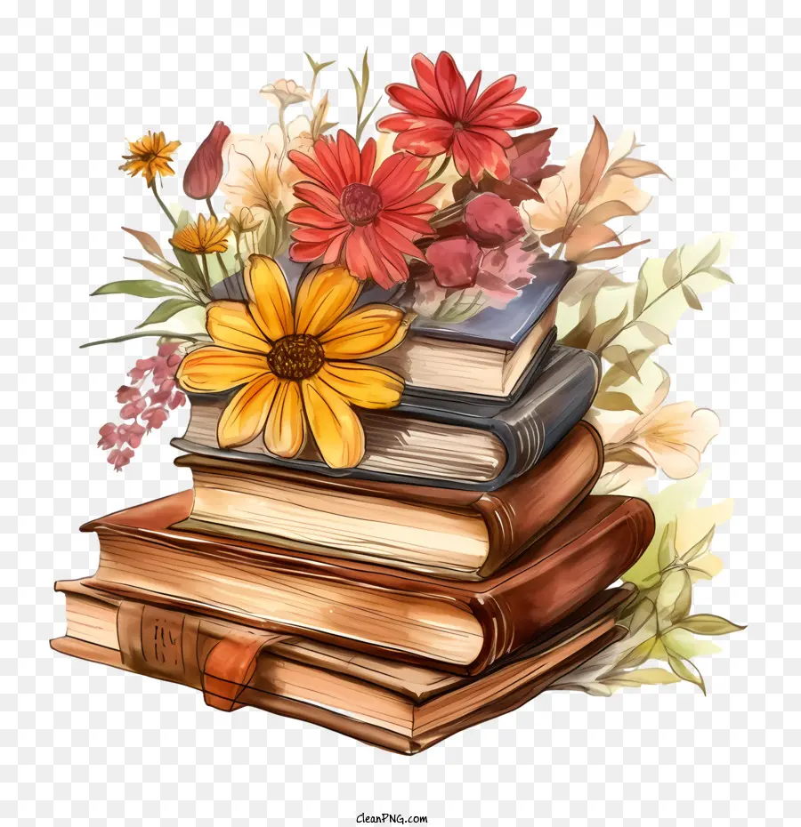 Pile De Vieux Livres，Livres Avec Des Fleurs PNG