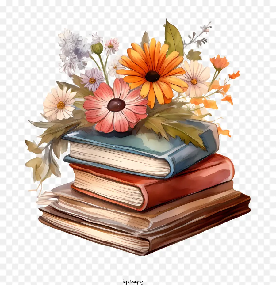 Pile De Vieux Livres，Livres Avec Des Fleurs PNG