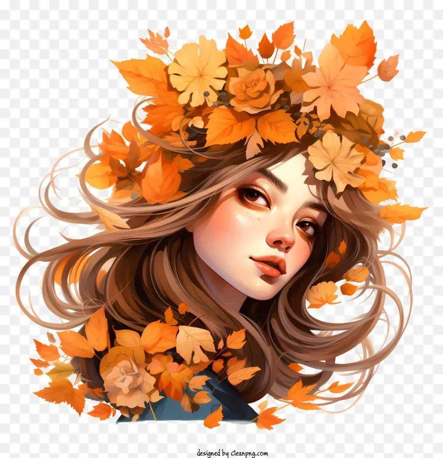 Fille D'automne，Femme Avec Des Feuilles D'automne PNG