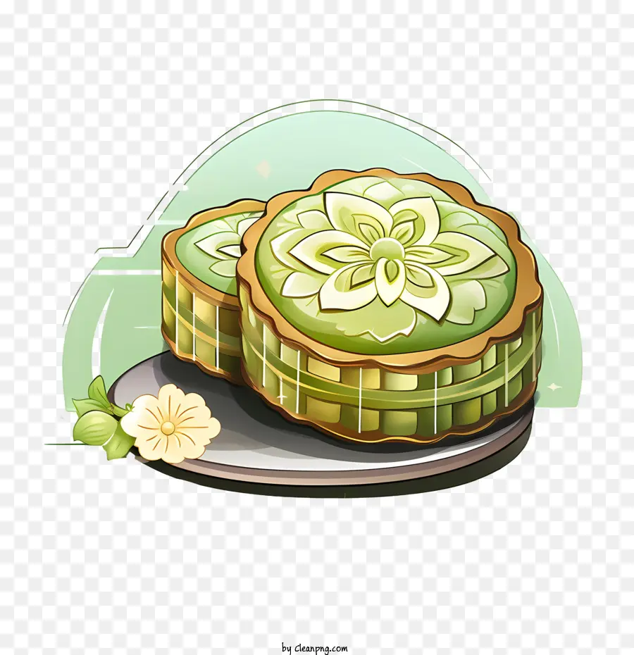 Gâteau De Lune Vert，Gâteaux De Lune Verts Avec Fleur PNG