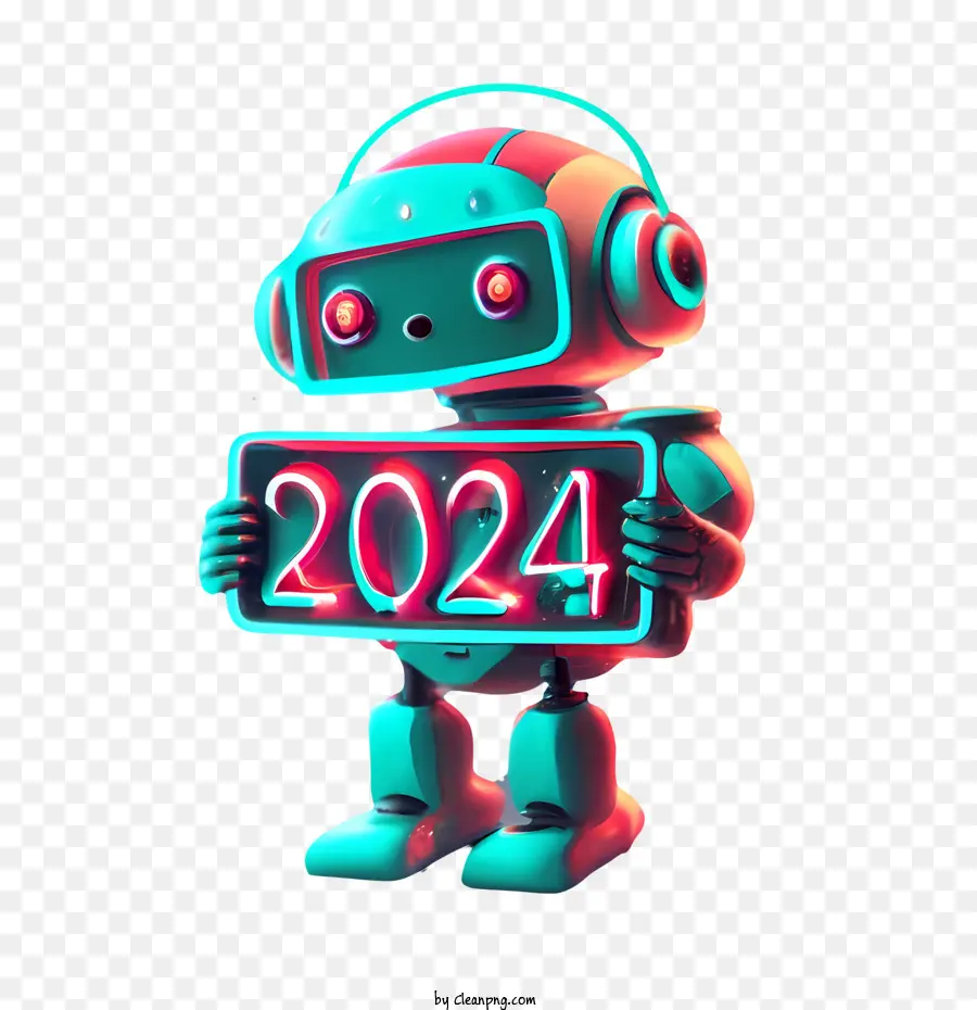 Nouvel An 2024，Robot Tenant Une Pancarte 2024 PNG