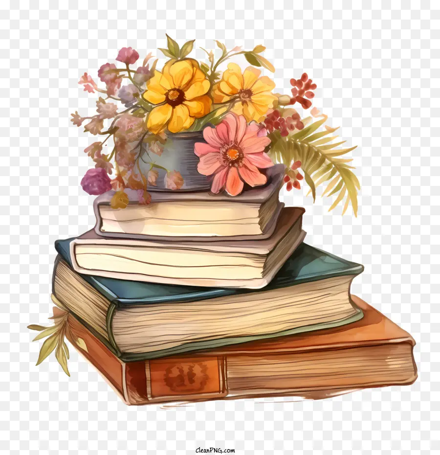 Pile De Vieux Livres，Fleurs D'automne PNG