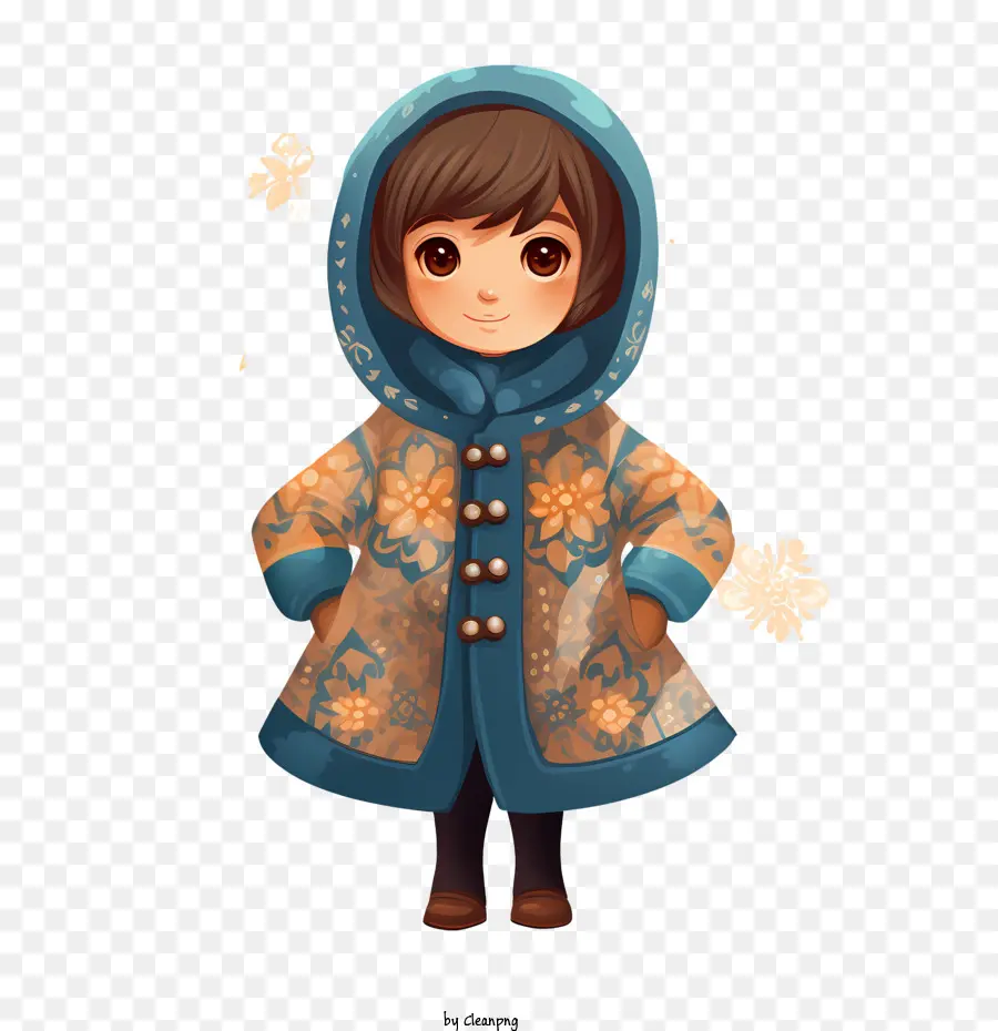 Fille D'hiver，Enfant Mignon En Manteau Fleuri PNG