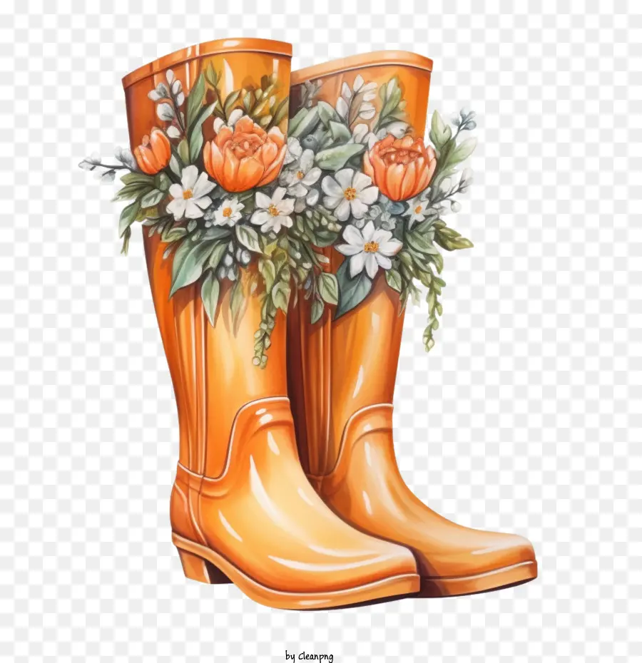 Bottes En Caoutchouc，Bottes Orange à Fleurs PNG