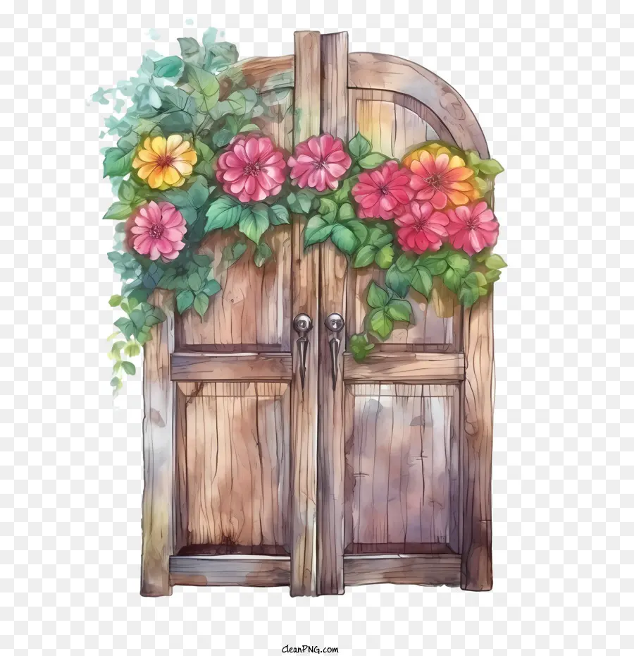 Porte En Bois，Fleurs PNG