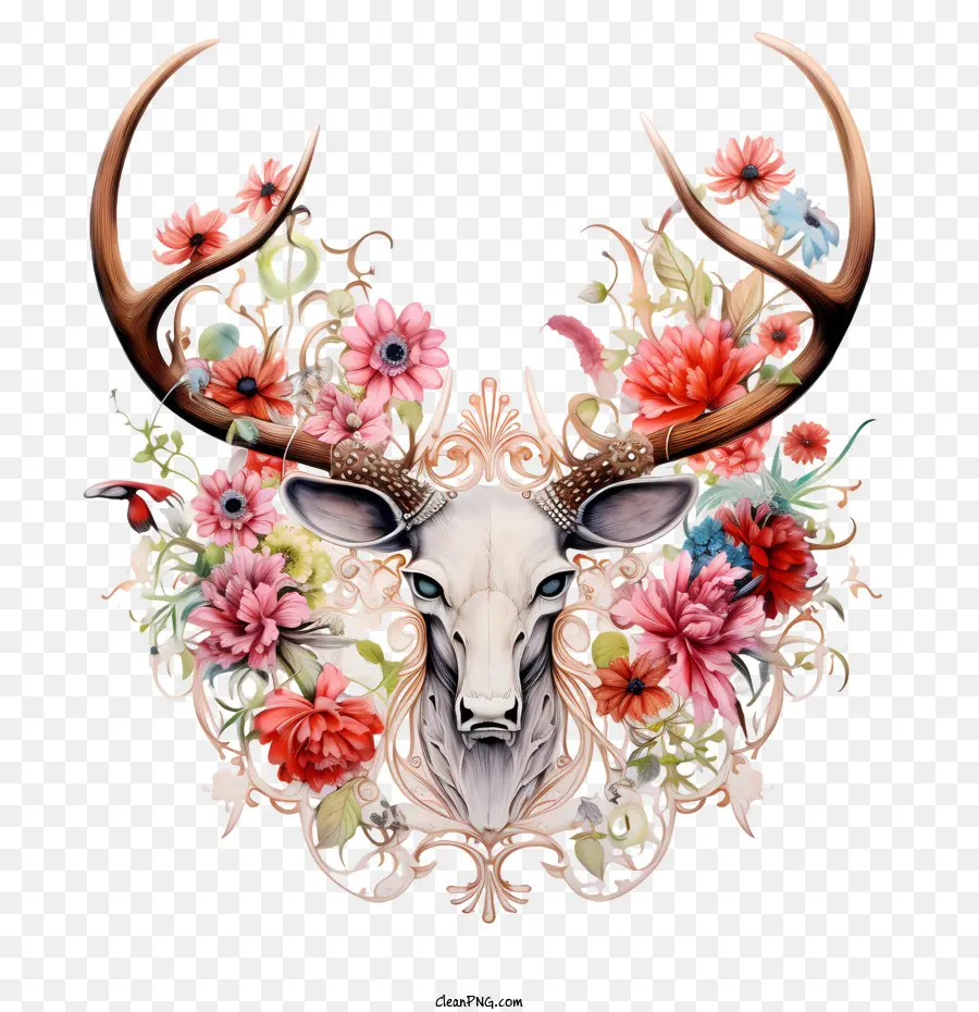 Bois Et Fleurs，Crâne De Cerf PNG