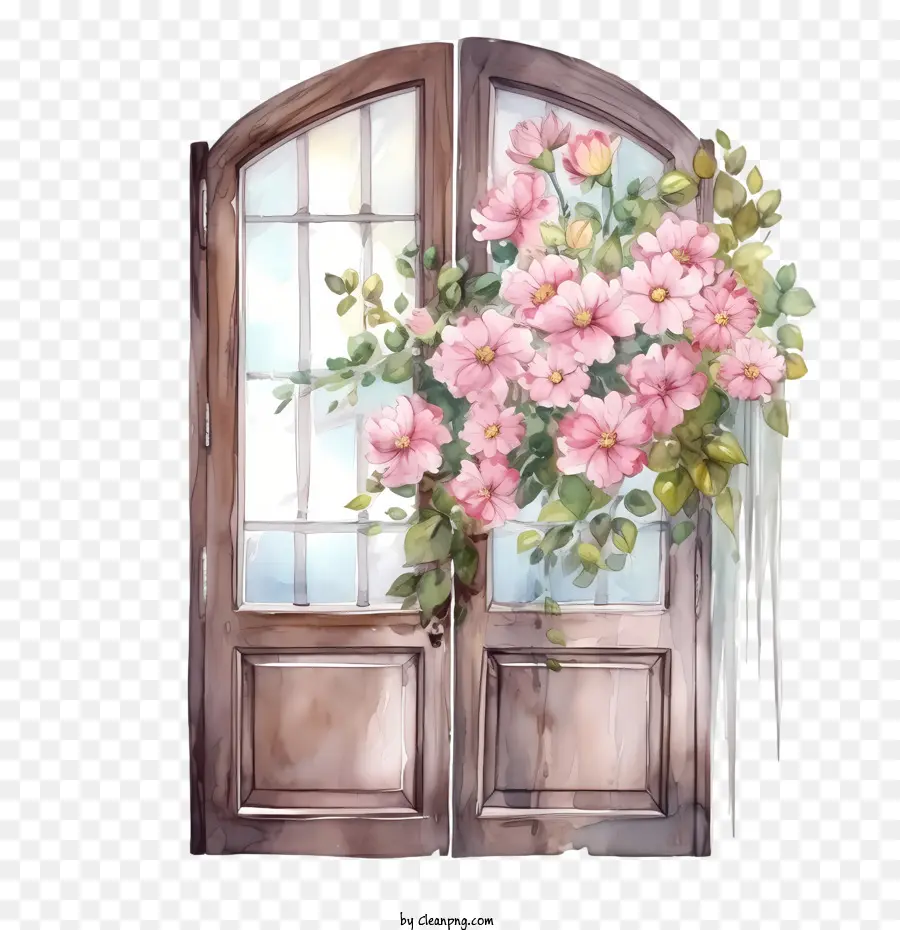 Porte En Bois，Porte Ouverte Avec Des Fleurs PNG