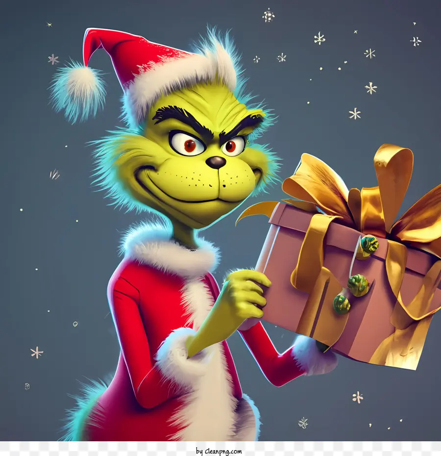 Grinch De Noël，Grinch Avec Cadeau PNG