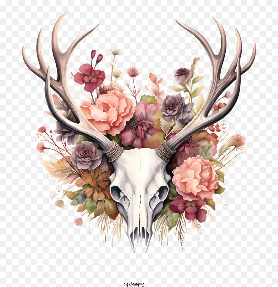 Bois Et Fleurs，Crâne De Cerf Avec Des Fleurs PNG