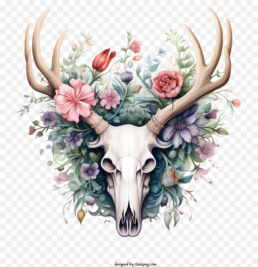 Bois Et Fleurs，Crâne De Cerf Avec Des Fleurs PNG