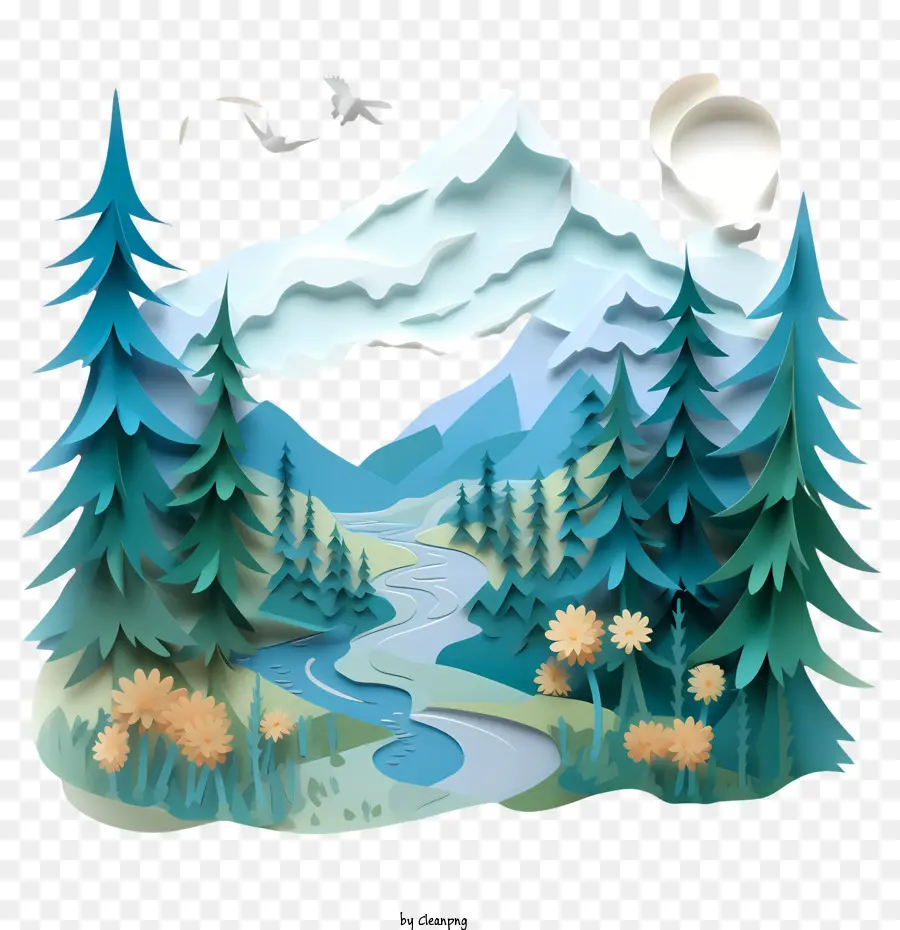 Forêt De Montagne，Paysage D'art En Papier PNG