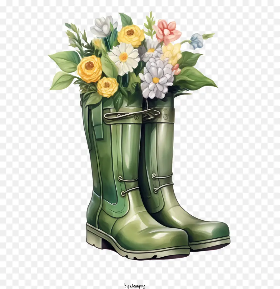 Bottes En Caoutchouc，Bottes Vertes à Fleurs PNG