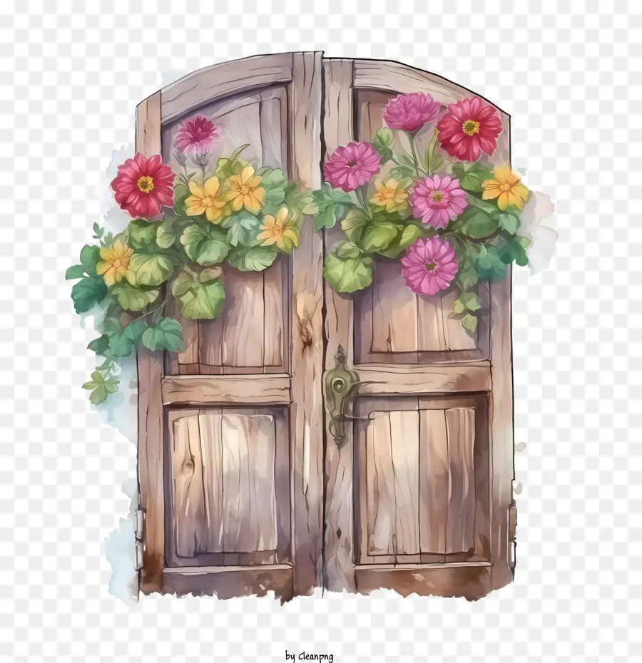 Porte En Bois，Fleurs PNG