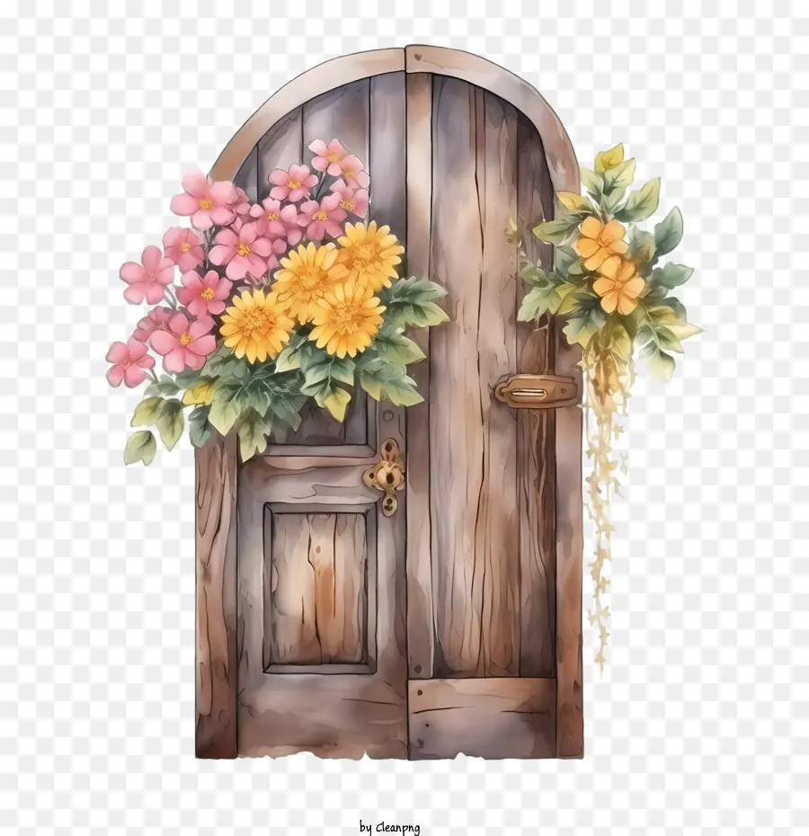 Porte En Bois，Fleurs PNG