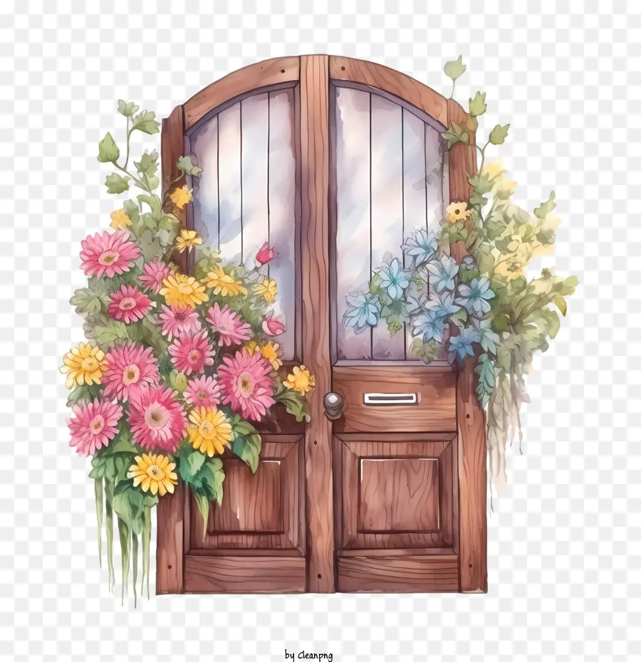 Porte En Bois，Fleurs PNG