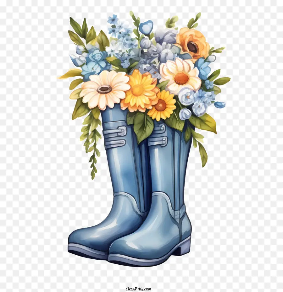 Bottes En Caoutchouc，Bottes Bleues à Fleurs PNG