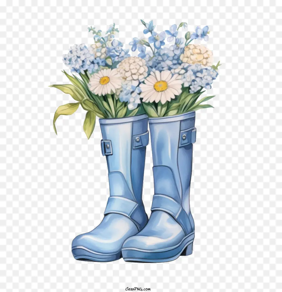 Bottes En Caoutchouc，Bottes Bleues à Fleurs PNG