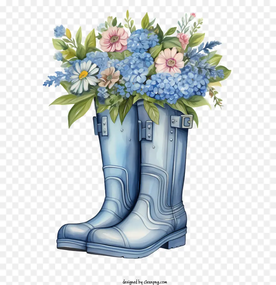 Bottes En Caoutchouc，Bottes Bleues à Fleurs PNG