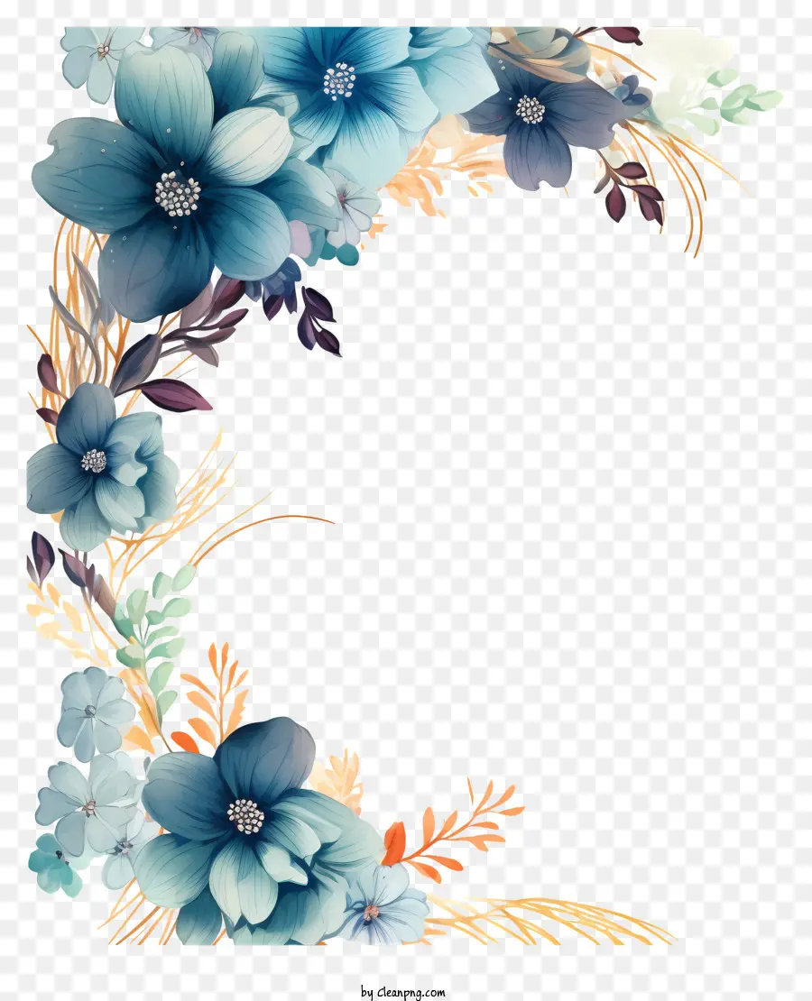 Bleu Floral Frame，Petites Fleurs Et Vignes PNG