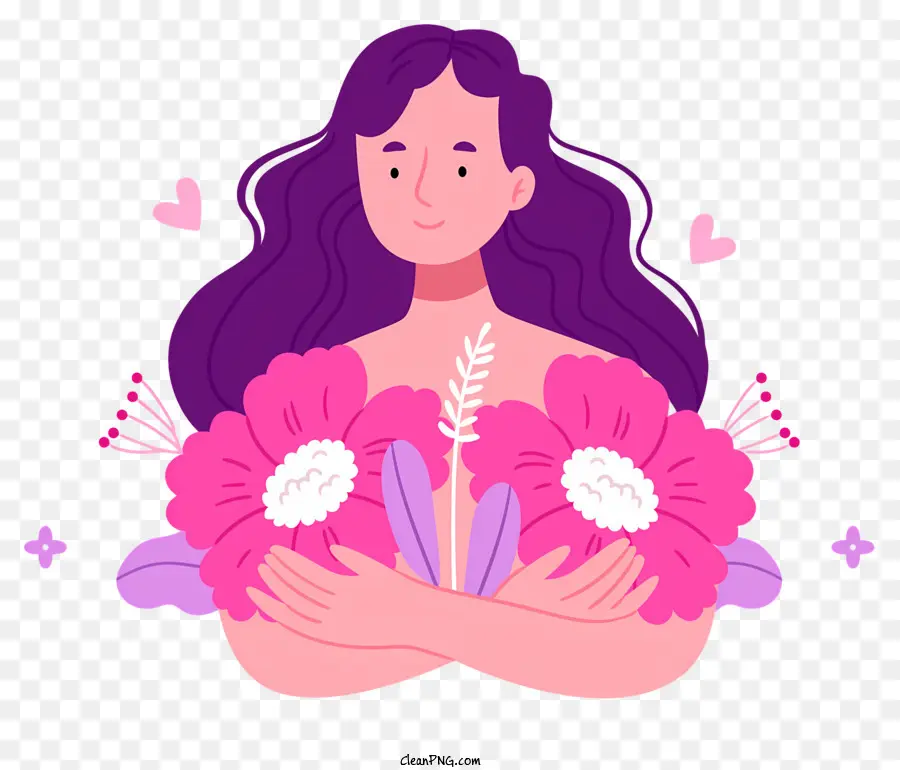 Femme Aux Longs Cheveux Bouclés，Femme Avec Des Fleurs PNG