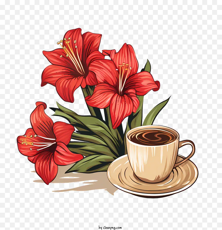 Fleur D'amaryllis，Fleurs Rouges Et Tasse à Café PNG