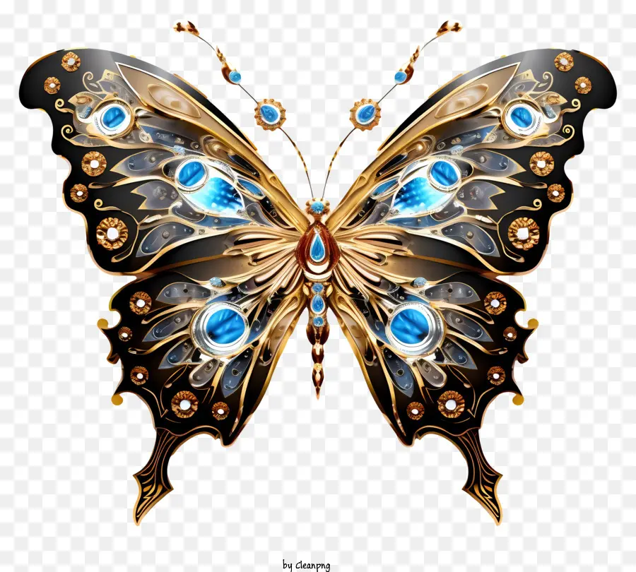 Papillon Or Et Bleu，Détails De Papillon Complexe PNG