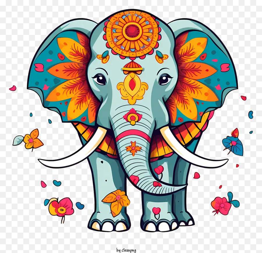 Éléphant Avec Des Défenses Ornées，Fleurs Sur Le Corps Des éléphants PNG