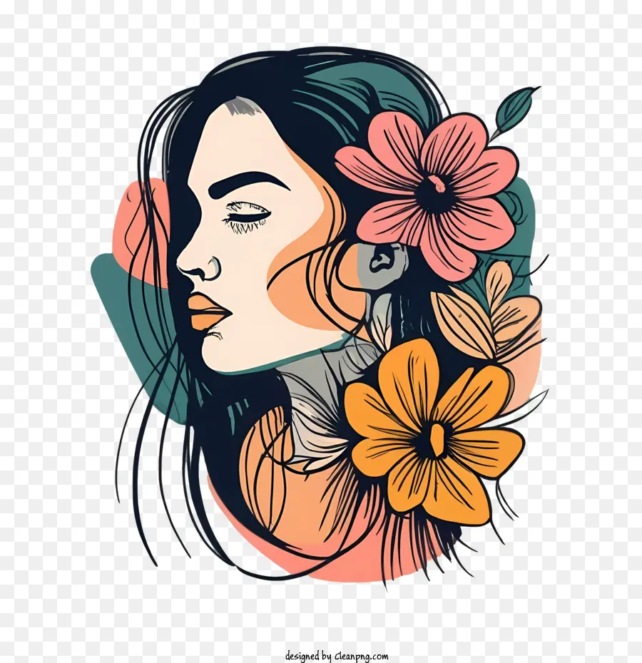 Visage De Femme，Femme Avec Des Fleurs PNG