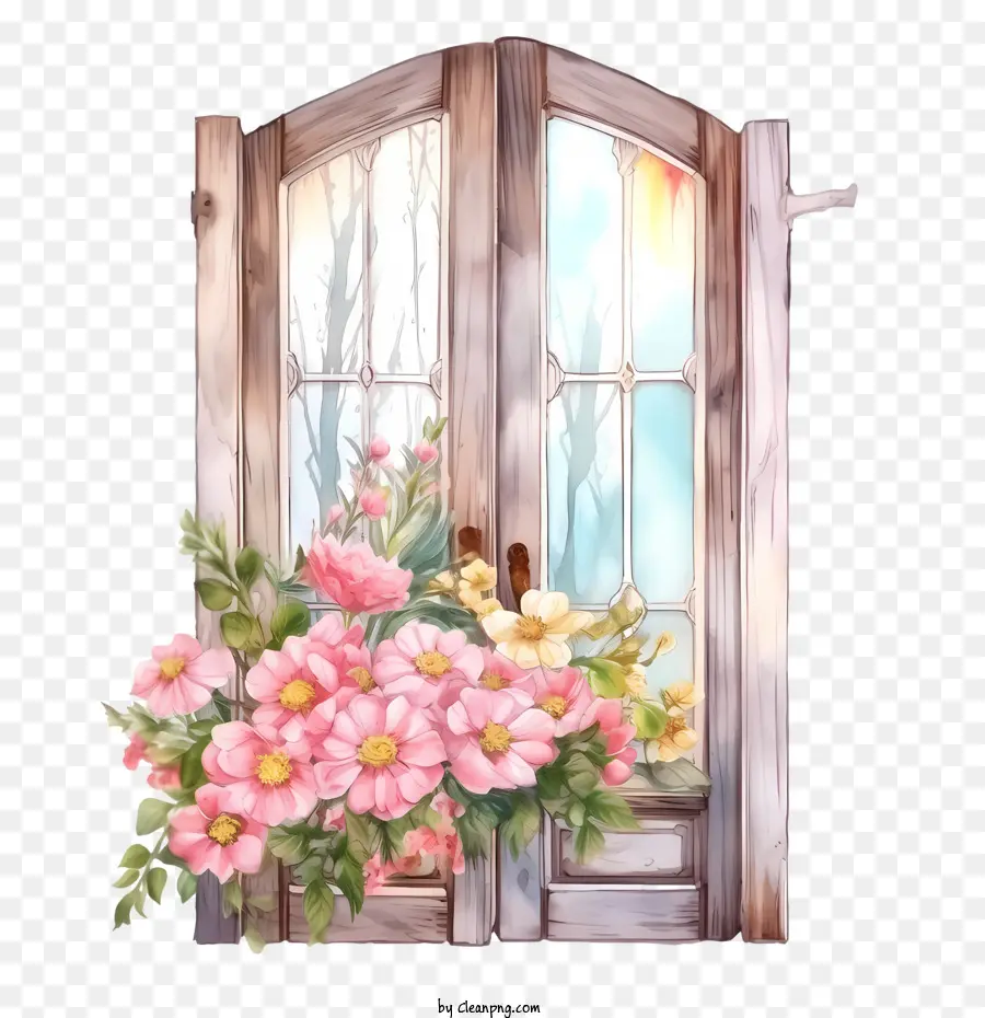 Porte En Bois，Porte Ouverte Avec Des Fleurs PNG