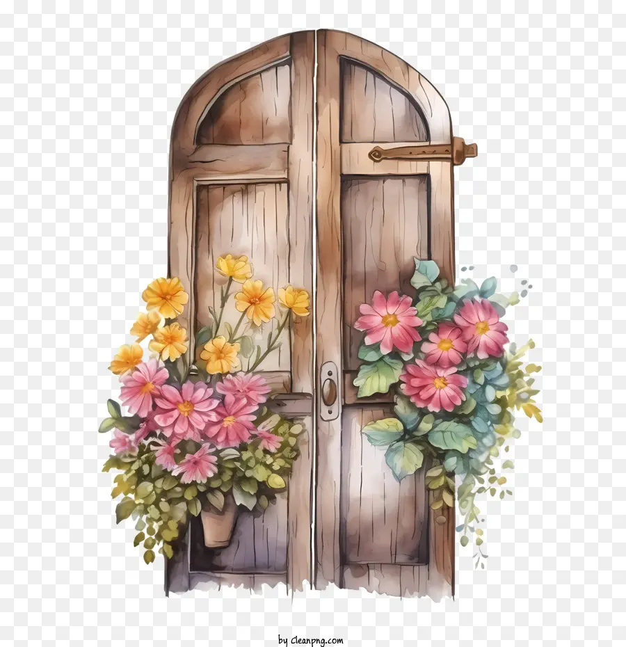 Porte En Bois，Fleurs PNG