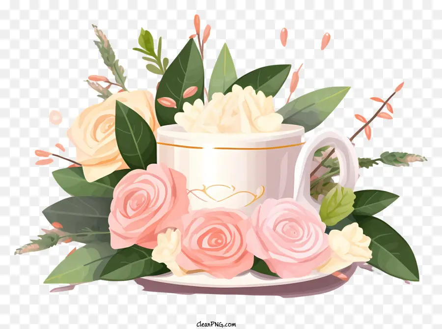 Thé，Coupe Avec Des Fleurs PNG