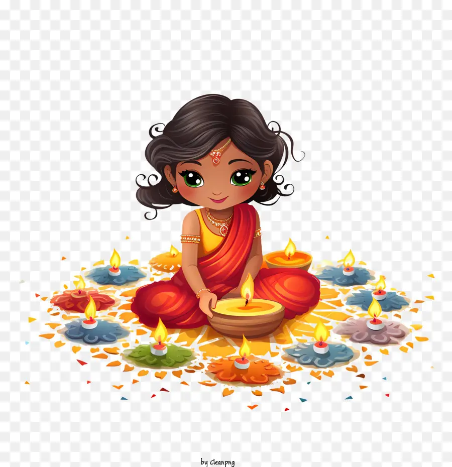 Diwali Rangoli Et Diyas，Fille Avec Des Lampes Diya PNG