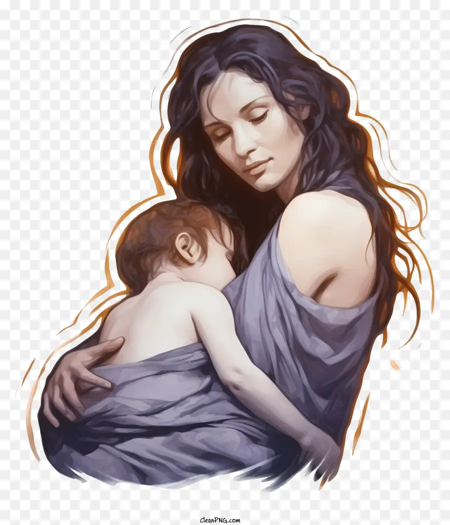 Femme Avec Bébé，Robe Bleue PNG