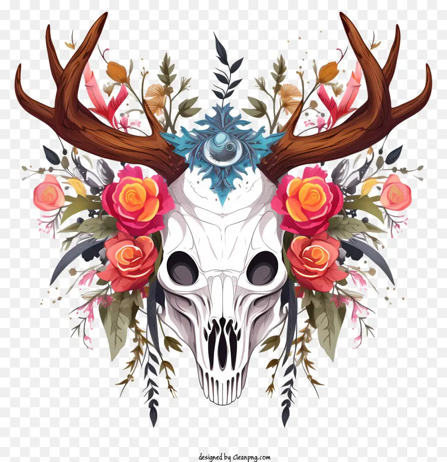 Cerf Crâne，Crâne Avec Des Fleurs PNG
